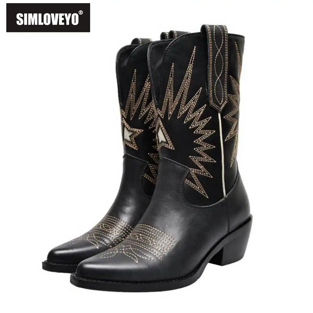 

SIMLOVEYO Women Cowboy Ridding Boots Western Punk Gladiator Half Pointed toe Square heels PU leather Slip on Size 40 B1409