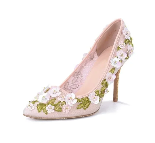 

Elegant Floral Decoration High Heel Pumps Laser-cut Mesh Shoes Slip-on Pointed toe Women Dress Shoes Sexy Wedding Bride Shoes