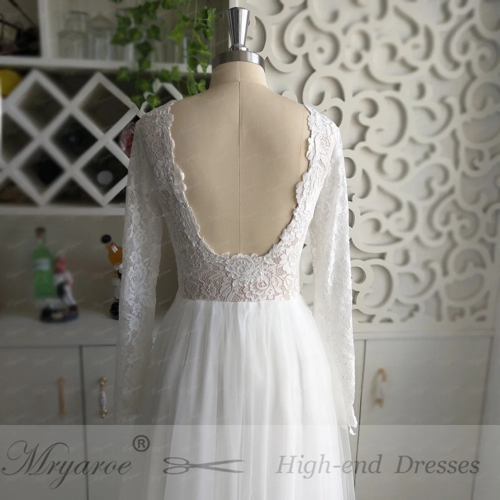 Mryarce Sretchy Lace Sleeves Wedding Dress Open Back Chiffon Tulle A Line Outdoor Garden Wedding Bridal Gowns  (6)