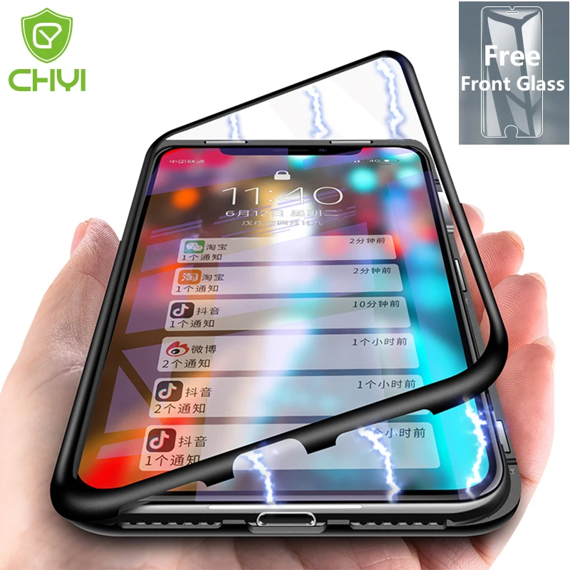 

CHYI 360 Magnetic Metal Case for iPhone X XS Max 8 Plus 7 Tempered Glass Back Cover for iPhone 8 7 Plus alloy Metal frame update