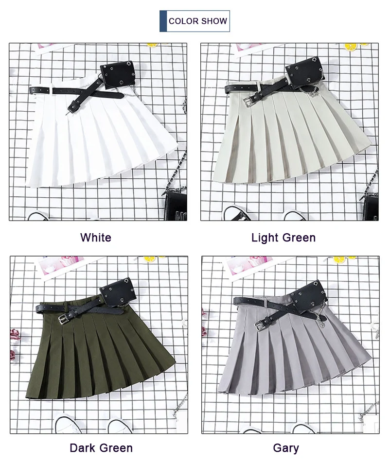 New Hip-hop Women's Harajuku Pleated Skirt Gothic Black High Waist Mini Skirts Cute Girls Punk A Line Short Skirt With Belt