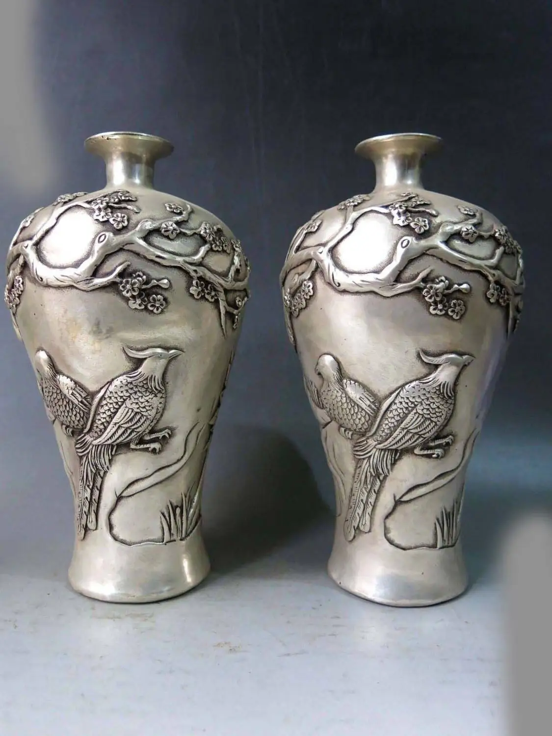 

9" China silver carved Beautiful two Magpies plum blossom Peony Vases Pair