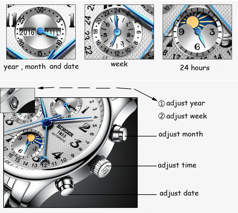 Новинка BINGER мужские часы люксовый бренд Moon Phase часы мужские сапфировые автоматические механические наручные часы водонепроницаемые часы B-603-8 1