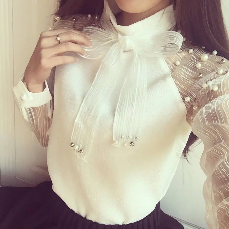 

Women Summer Shirt Bottoming Shirt Organza Tops & Blouse White Bow Beads Sexy See-through High Neck