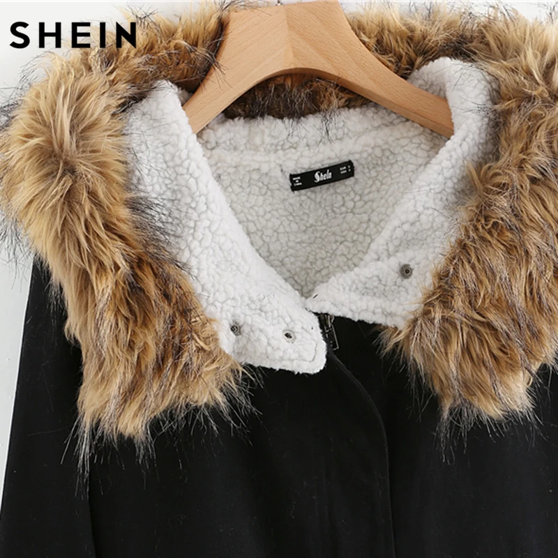 SHEIN Модная Куртка С Капюшоном Искусственным Мехом Парка Меховой Отделкой|jacket