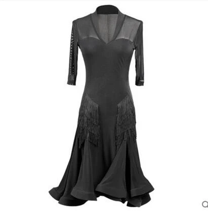 Новые платья для соревнований латинских танцев, Женский костюм для выступлений с v-образным вырезом, юбка с кисточками для латинских танцев, 2 цвета, одежда для соревнований DQS1005 - Цвет: black Short sleeve