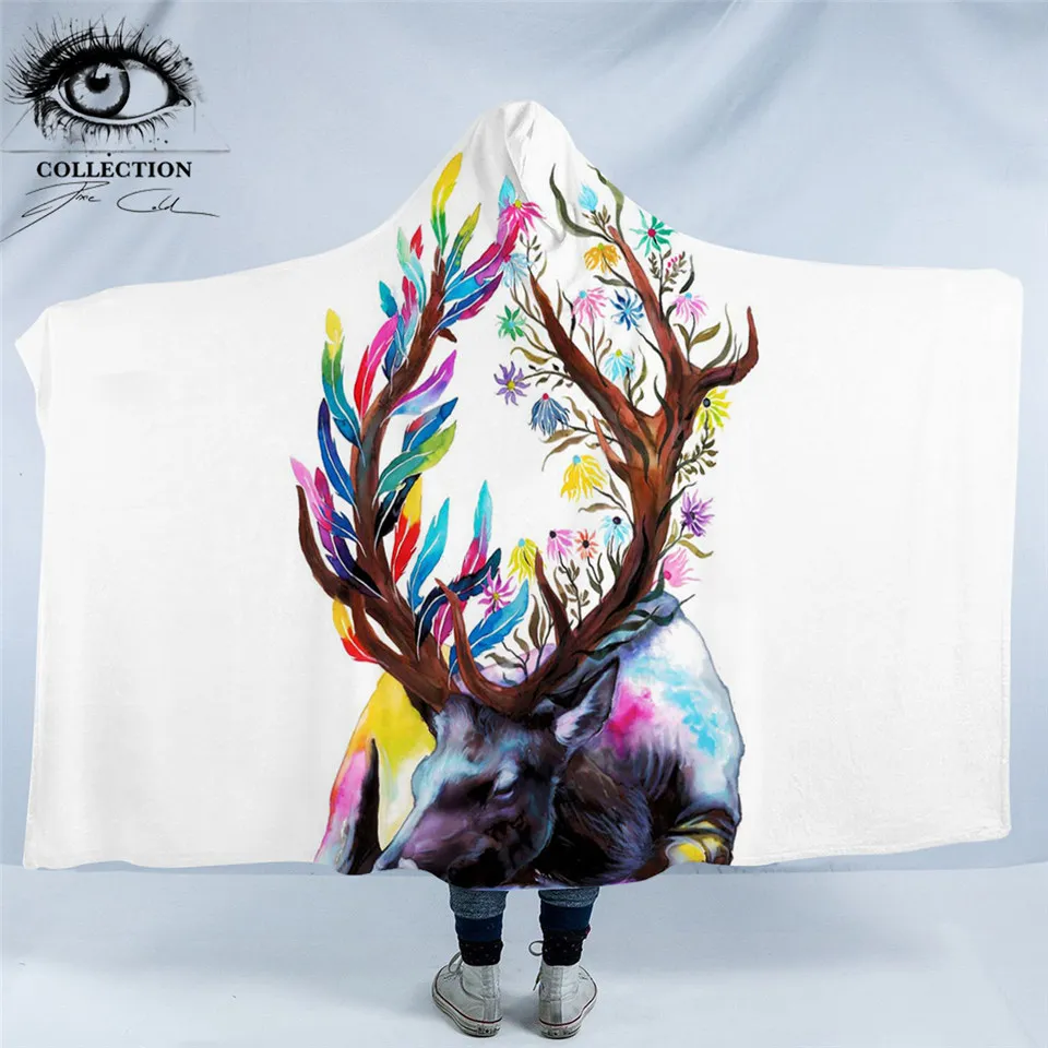 

King of the Forest by Pixie Cold Art Hooded Blanket Watercolor Elk Sherpa Fleece Wearable Floral Animal Throw Blanket 150x200cm