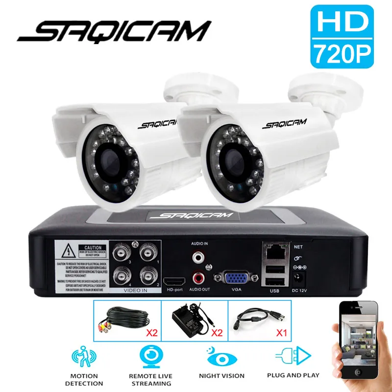 

Saqicam 4CH 720P CCTV Camera Security System 1080N Hybrid DVR 2PCS 1200TVL IR Weatherproof Outdoor Camera Surveillance Kit
