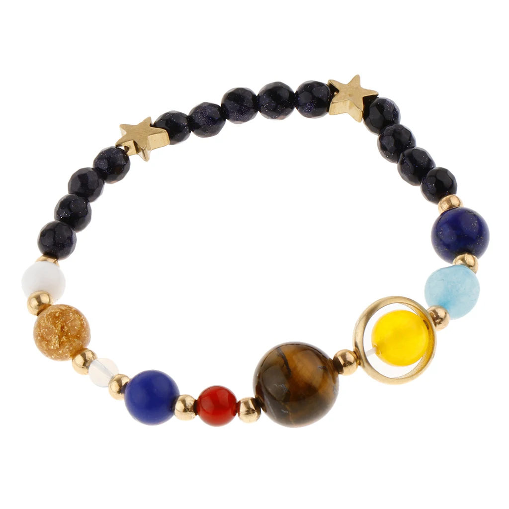 Women Multicolor Round Natural Stone Beads Bracelets Elastic Solar System Bracelet