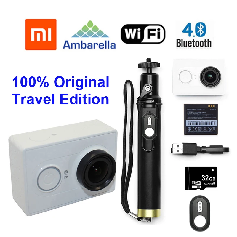 

International Version!! Original 32GB +Original Xiaoyi YI Action cam 16MP 60FPS WIFI Bluetooth 4.0 Travel Edition+Remote Control