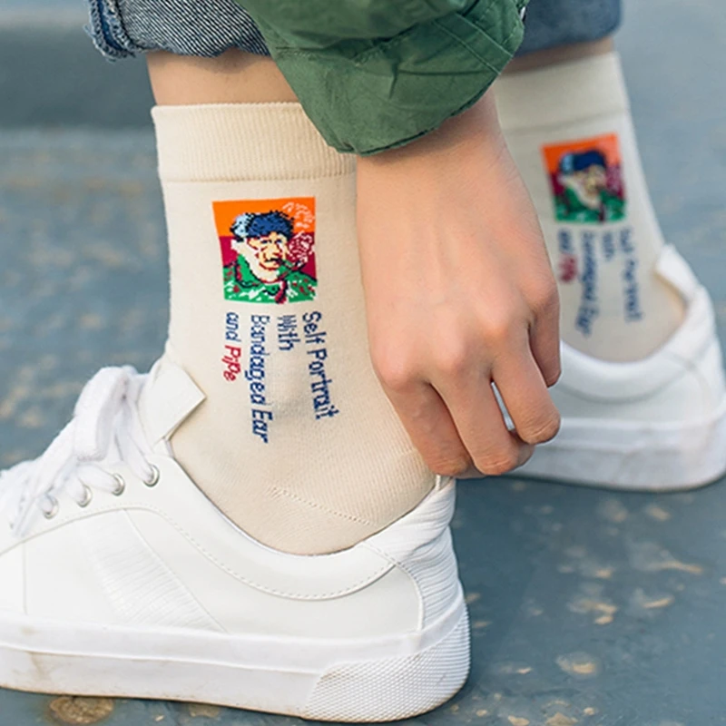 

Classic Oil Painting Women Socks High Quality Art Abstract Retro Socks Trendy Personalized Funny Letter Socks