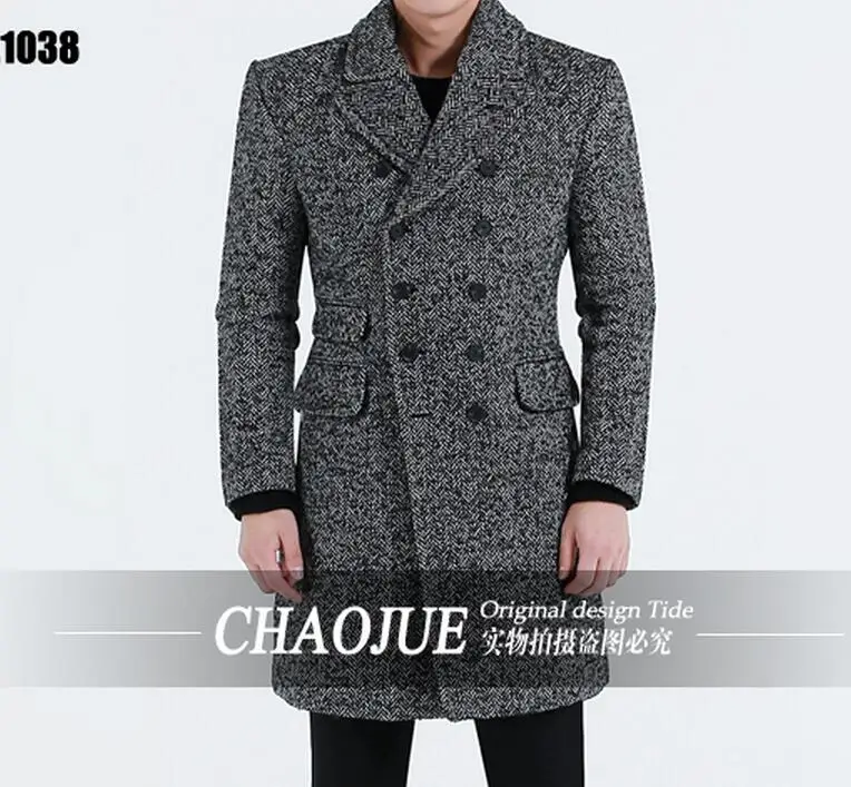 Зимний Тренч, мужское модное тонкое шерстяное пальто средней длины с большим отворотом, шерстяное пальто Верхняя одежда S-5XL - Цвет: Серый