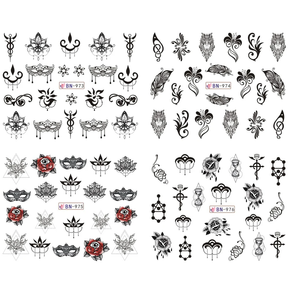 12 Design Water Transfer Decals Nail Sticker Black Rose Necklace Feather Halloween Polish Slider Decoration Manicure TRBN973 984|Стикеры и