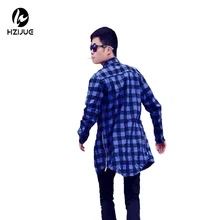 HZIJUE men streetwear shirts side zipper plaid Pockets hip hop flannel brand Tyga Camisetas masculinas tartan