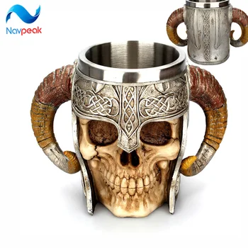 

4PCS 304 Stainless Steel Skull Mug Viking Ram Horned Pit Lord Warrior Beer Stein Tankard Coffee Tea Cup Halloween Bar Drinkware