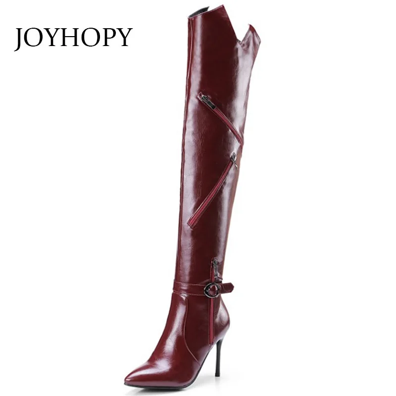 

Winter 2018 Thigh High Boots Women PU Leather Pointed Toe High Heels Shoes Artificial Fur Over The Knee Boots Big Size 43 WB1395