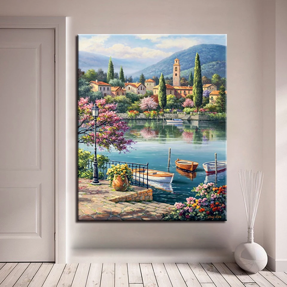 

DIY Digital Lake Boat Beside Building Oil Painting By Numbers Coloring Canvas Pictures Drawing Abstract Wall Artworks Home Decor