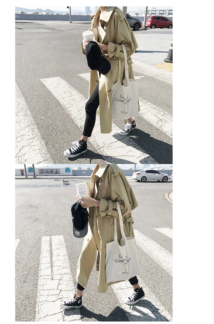 Korean Style Side Split Women's Trench Coat Autumn Winter Double Breasted Khaki Sahses Loose Trench Overcoat Windbreaker