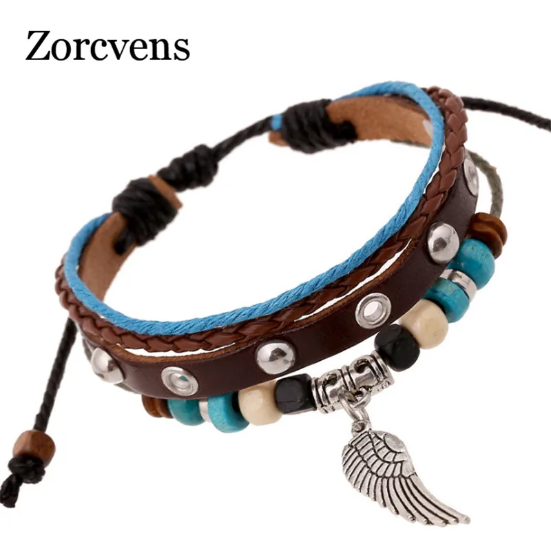 

LETAPI 2019 New Cool Punk Vintage Beads Feather Leather Bracelets for Men