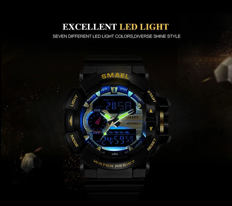 Спортивные часы водонепроницаемые SMAEL Shock Resist Dual Time светодиодный с большим