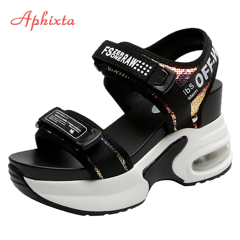 

Aphixta 9cm Platform Sandals Women Thick Bottom Shoes Woman Wedges Slippers Hook & Loop Summer Letter Stripe Cushion Shoes