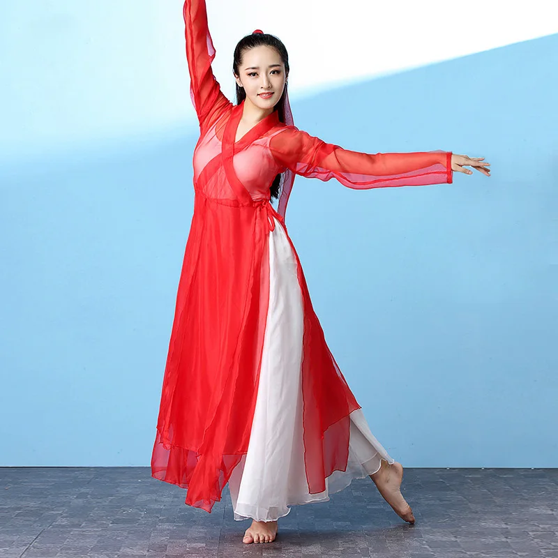 

Women Red Long Robe Vintage Gown Dress White Wide leg Flare Pants Chinese Classical Dance Costume Clothes Hanfu Dancing Clothing
