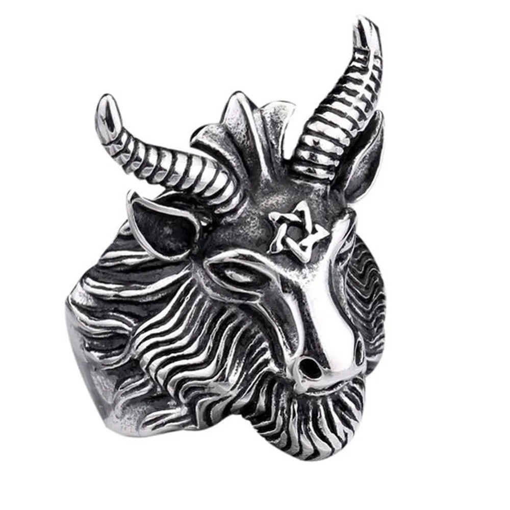 wholesale stainless steel satan worship baphomet ram aries aodiac sheep goat head horn biker rings  (1)