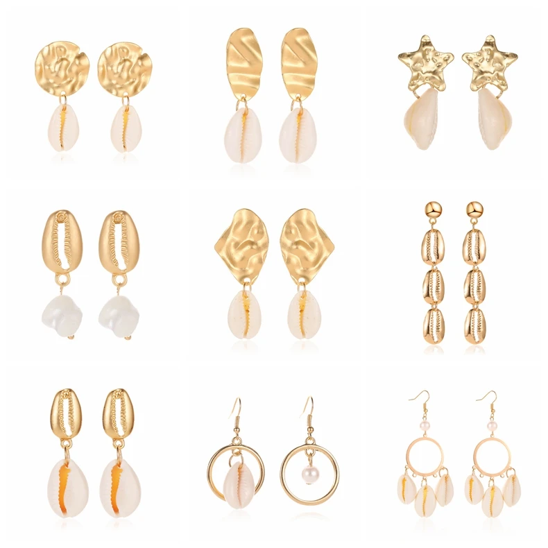 

2019 Fashion DIY Sea Shell Earrings For Women Gold Color Round Geometric Drop Pearl Shell Statement Earring Summer Beach Jewelry