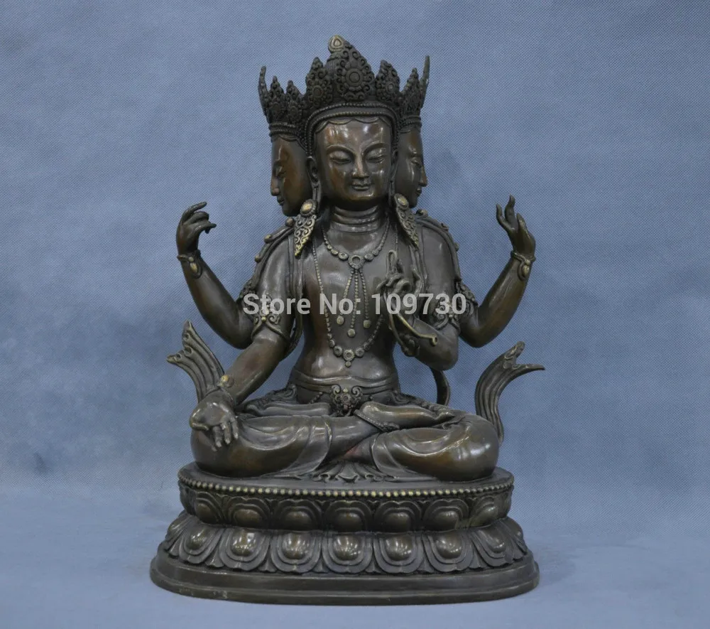 

002897 16'' Tibet Tibetan 3 Faces and 4 Arms Avalokitesvara Kwan-yin Buddha Statue