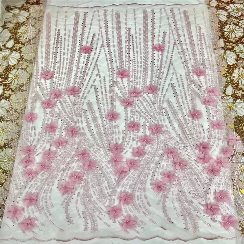 

2018 High Quality 3D Flower African lace fabric For Wedding Dress With Beads French Mesh Lace Fabric HX1039-1