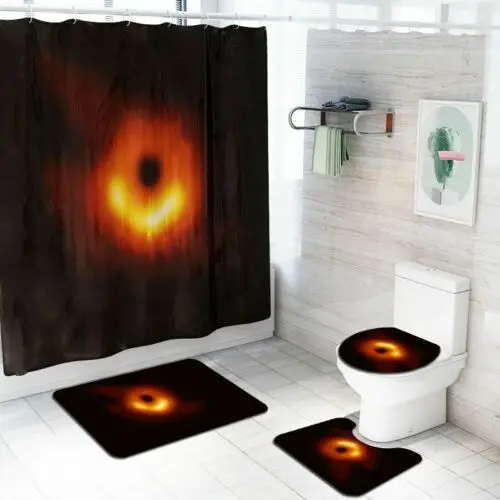 

Black Hole Bathroom Polyester Shower Curtain Non Slip Toilet Cover Rugs Mat Set