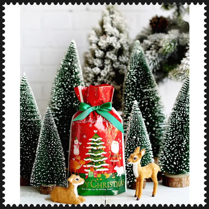 

50PCS Drawstring Plastic Bag Merry Christmas Gift Bag With Ribbon Christmas Tree Snowman Cookie Biscuits Packaging Candy Bags