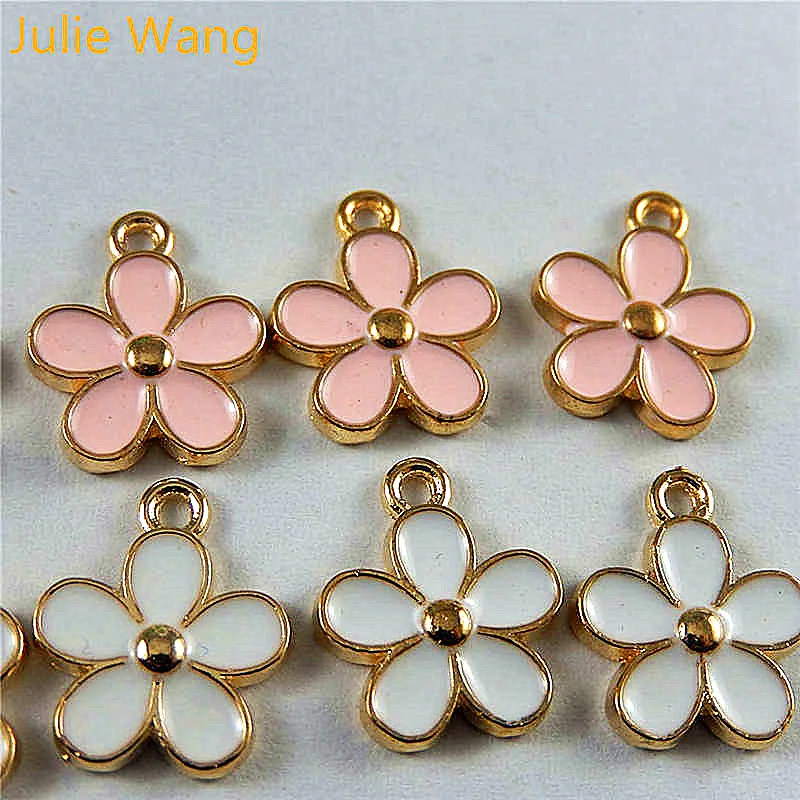 

Julie Wang 10PCS Enamel White Pink Small Flowers Gold Tone Charms Necklace Pendant Findings DIY Jewelry Making Accessory