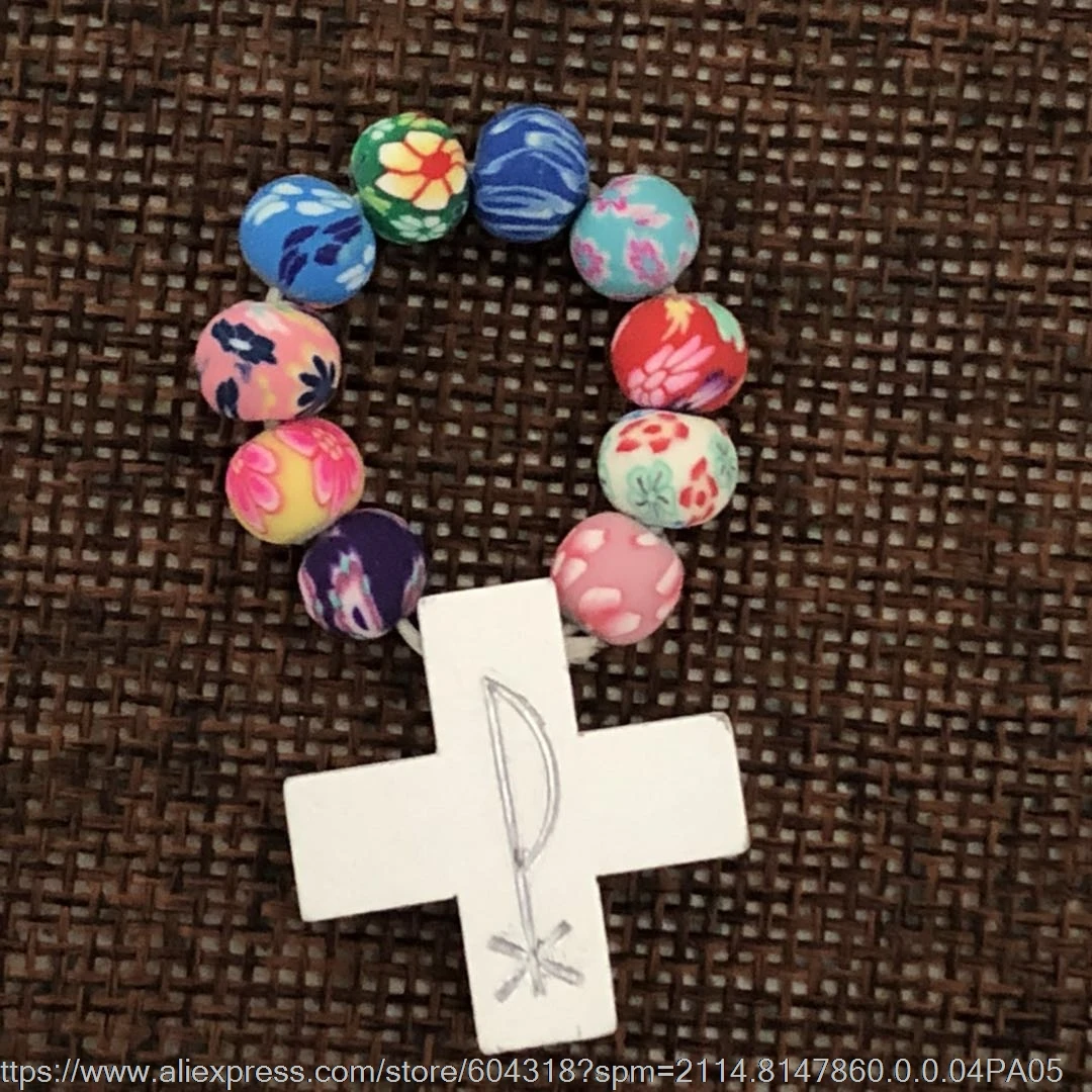 

12pcs/pack multicolored soft clay finger ring, catholic Polymer Clay Bead rosary with white Wood Cross