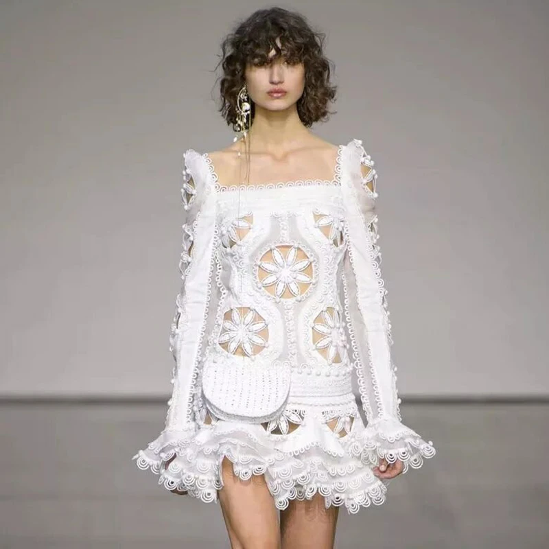 

High Quality 2019 New Fashion Lace Embroidery Mini Dress Slash Neck Flare Sleeve Hollow Out Women Short Dress Party Club Dresses