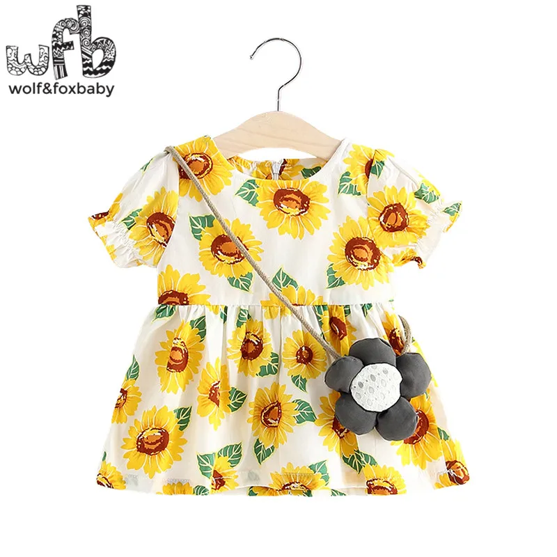 

Retail 0-3 years short-sleeved girl dress kids summer prints sunflower