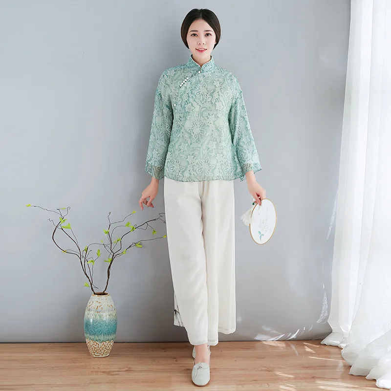 

women two piece outfits Spring and summer models improved fashion short short-sleeved Chinese style women's shirt