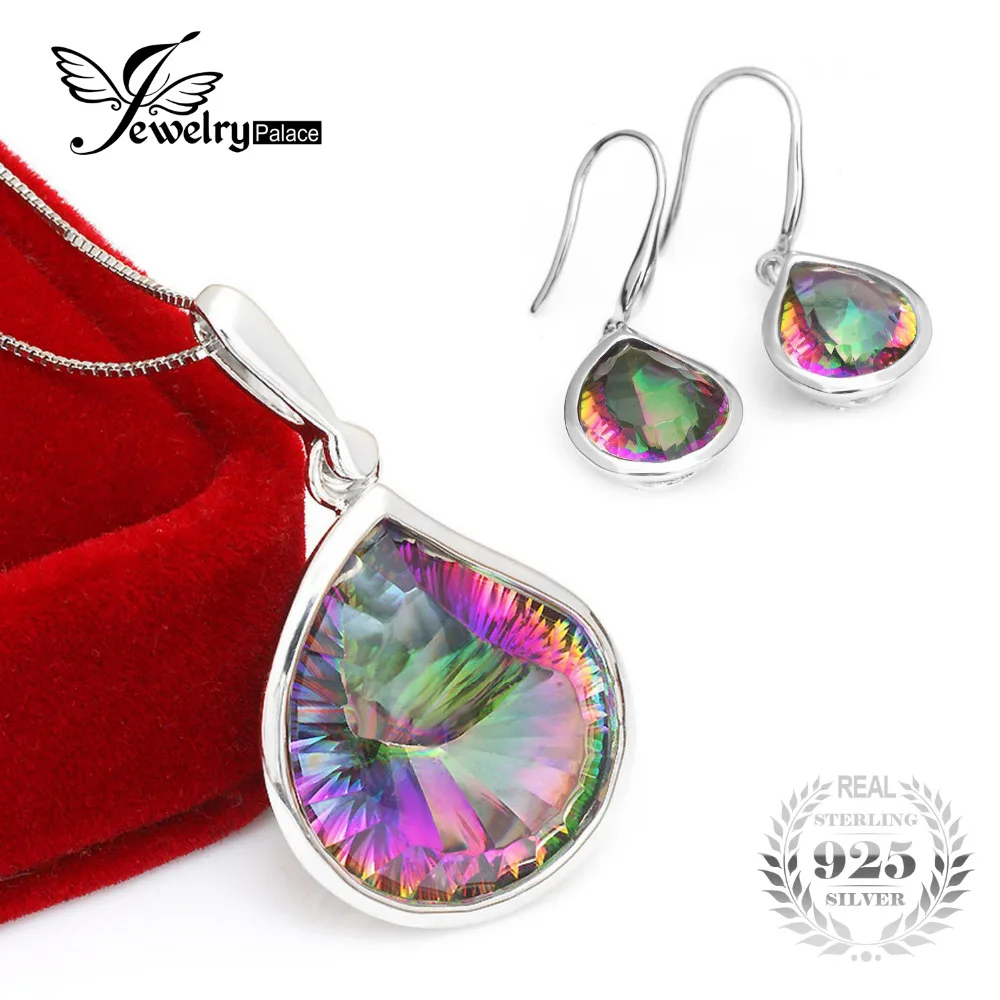 

Fashionable Natural Rainbow Mystic Topaz Earring Pendant Necklace Jewelry Set 925 Sterling Silver Bridal Brand Fine Jewelry Set