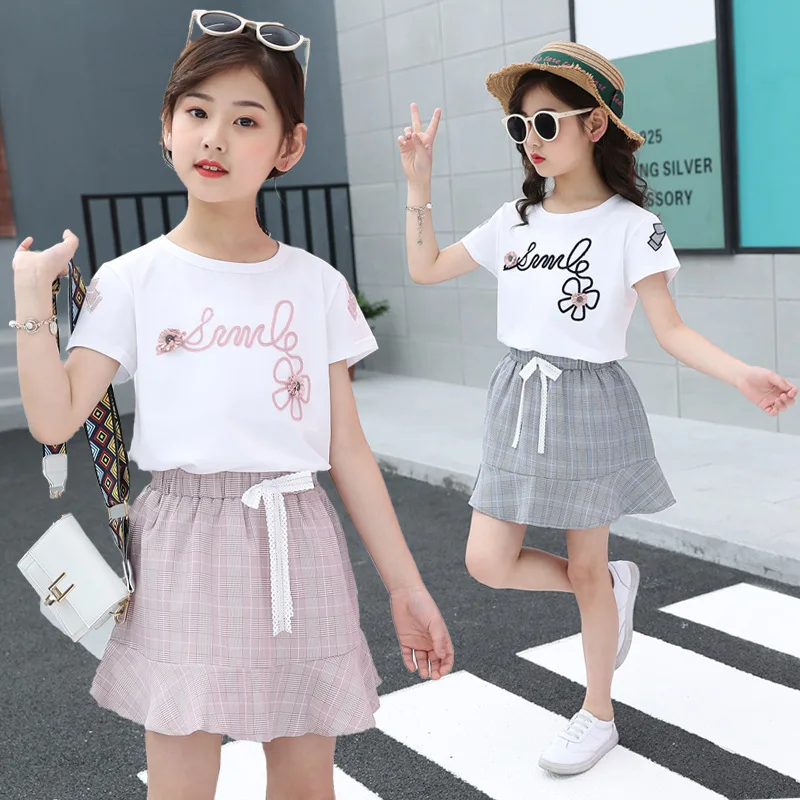 

kids clothes Girls Summer Set 2019 New 4-12 Years Girl Set Short Sleeve T-Shirt Ruffle Short Skirt Kids Set