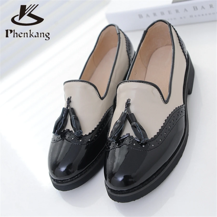 Genuine leather big woman US size 11 designer vintage flat shoes round toe handmade beige black