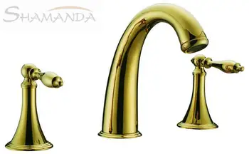 

Free shipping-solid brass gold-plating finishing hot and cold 3 holes 2 handles basin waterfall faucet mixer taps-wholesale-2441