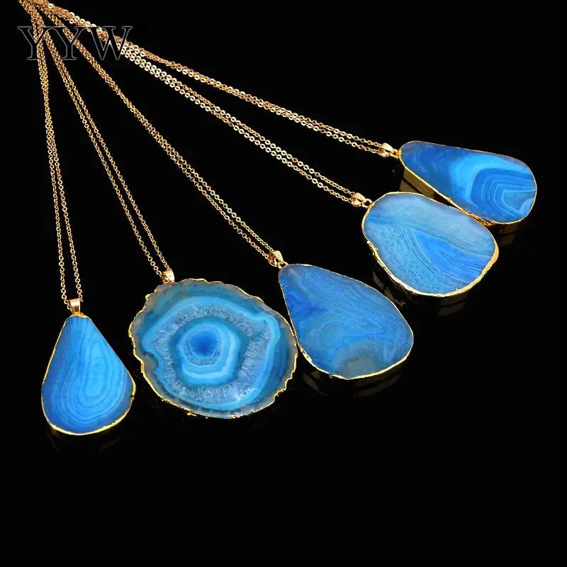 Модное ожерелье с подвеской из натурального камня для женщин и мужчин, ювелирное изделие 35 мм, цветные Агаты, срез с золотым наполнителем, длинная цепочка, колье для женщин - Окраска металла: blue
