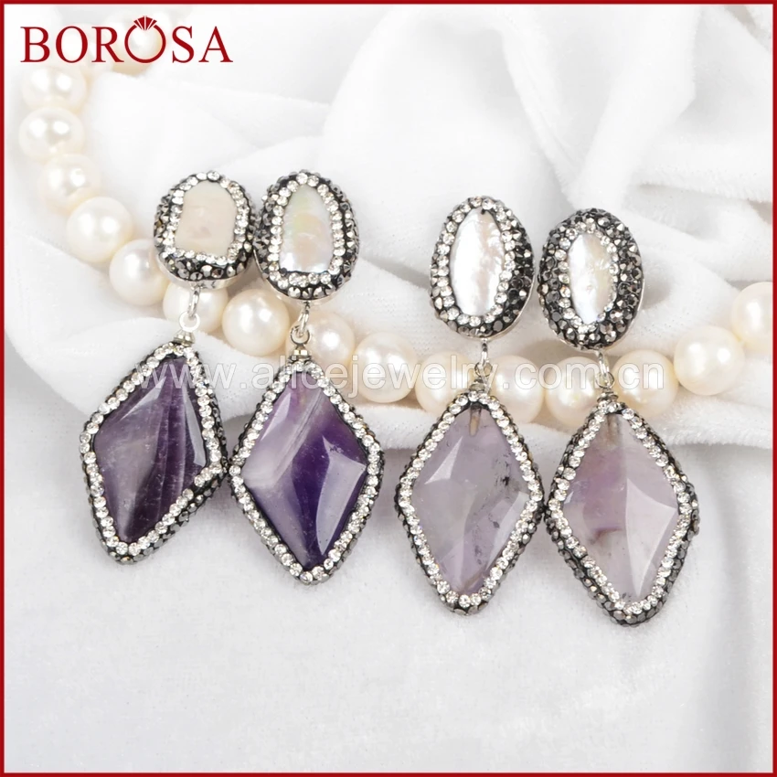 

BOROSA Oval & Long Freshwater Pearl Rhombus Shape Natural Purple Crystal Dangle Earring Drop Earrings Paved Zircons J237