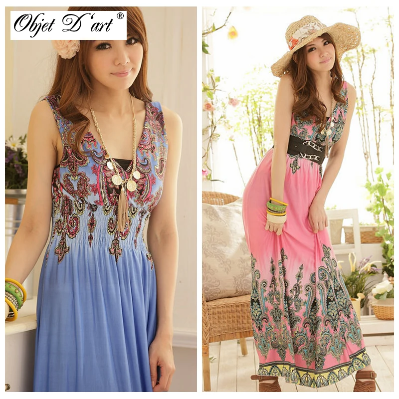 

Summer Women Long Dress Floral Print Maxi Sleeveless Dress Sexy Hollow Out Deep V-neck Silk Casual Bohemian Dresses vestido