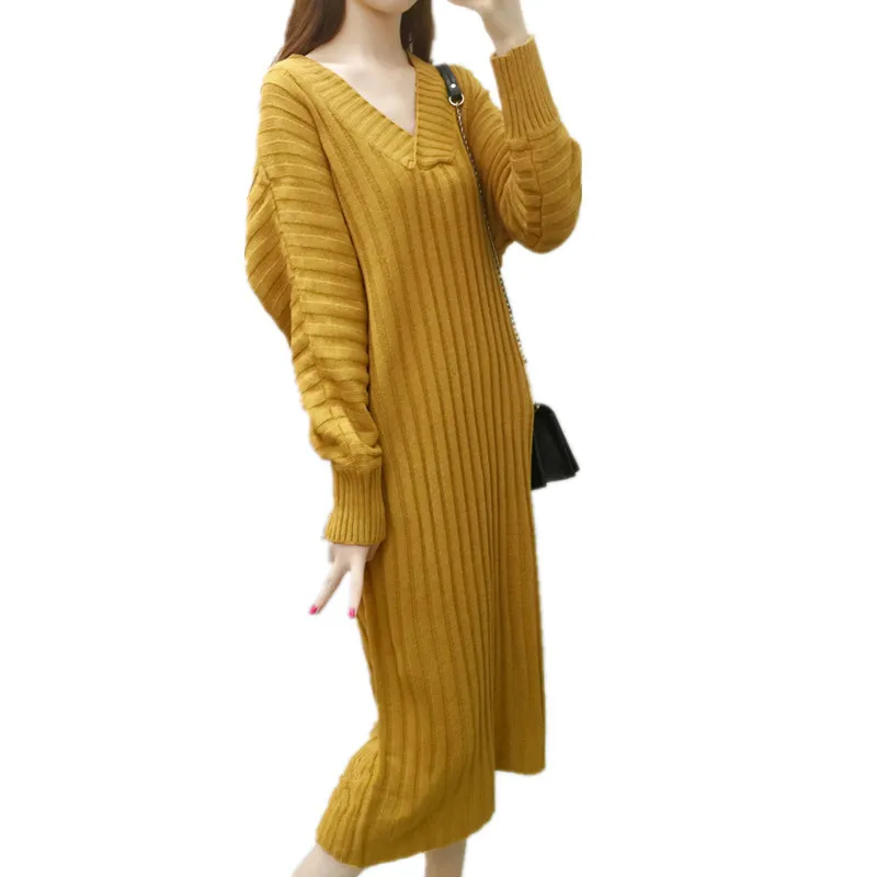 Autumn Winter V neck Sexy Maxi Comfortable Casual Women Sweater Jurk Dresses Loose Knitted Long Robe