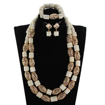 

African Nigerian Wedding Beads Jewelry Set White Coral Jewelry Set Coral Beads Necklace Set Dubai Gold Jewelry Set CNR890