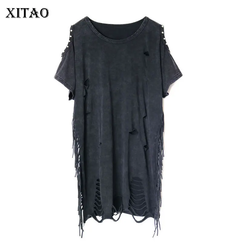 

XITAO Hole Plus Size T Shirt Women Tassel Beading Off Shoulder Top Punk Fashion Clothes O-neck 2019 New Pullover WLD1087