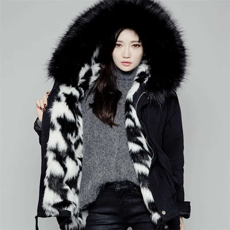 Women Fur Hooded Parka Padded Eal Fur Parka Black Army Green Fake Fur