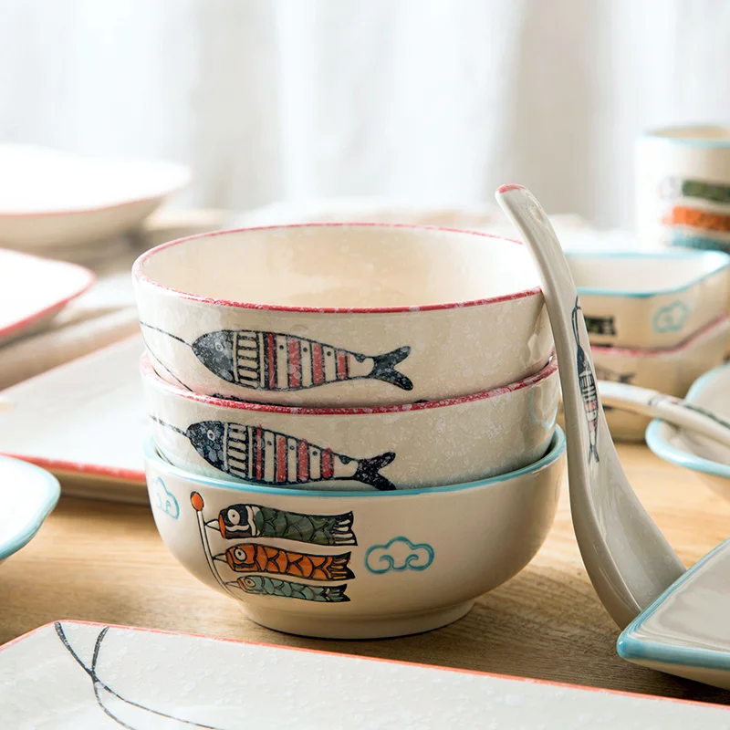 

A Japanese home under glaze ceramic household tableware creative hand-painted carp children eat a bowl of Steamed Rice bowl