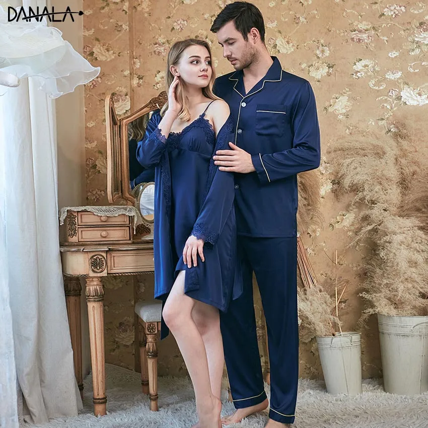 

DANALA Couple Nightwear Sets Silk Satin Vogue Solid Simple Refreshing Couple Robe Sets For Women Home Suits Sleepwear